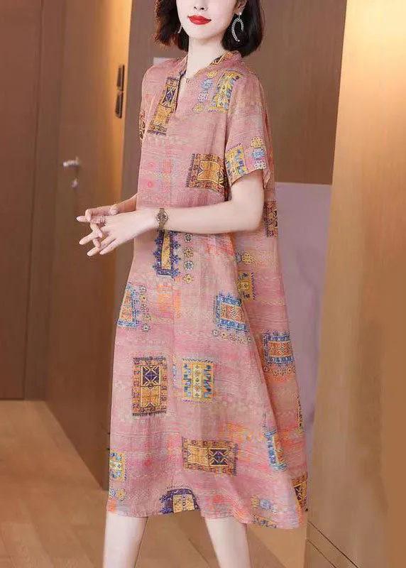French Colorblock V Neck Print Patchwork Linen Dresses Summer TP1048