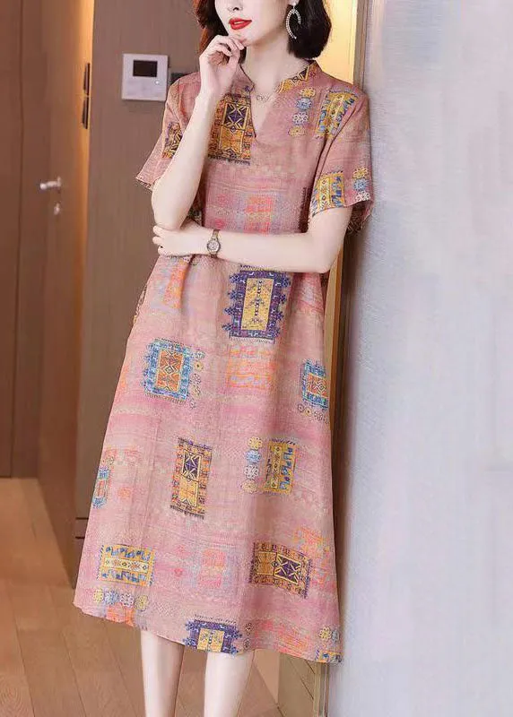 French Colorblock V Neck Print Patchwork Linen Dresses Summer TP1048