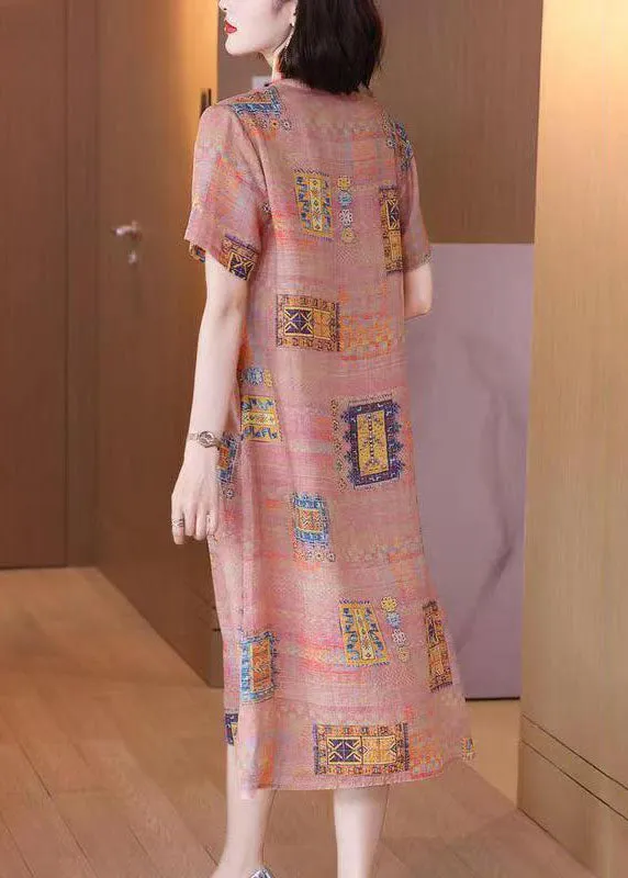 French Colorblock V Neck Print Patchwork Linen Dresses Summer TP1048