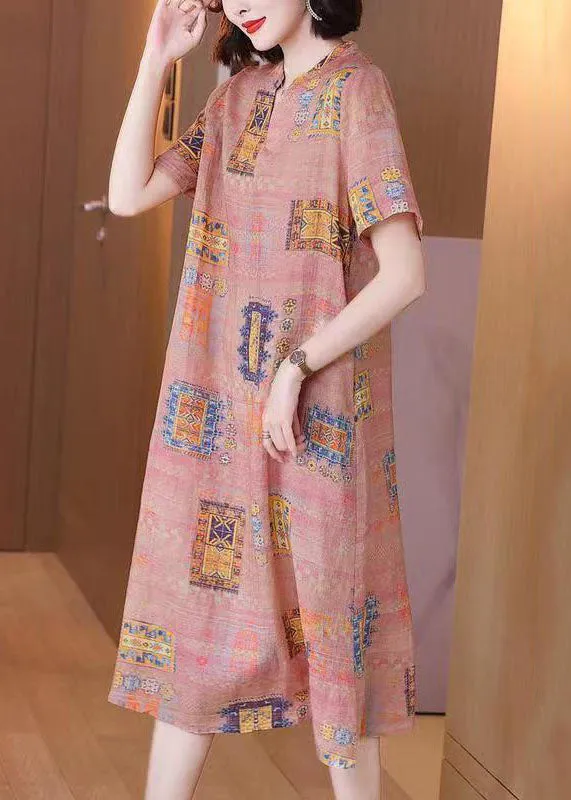 French Colorblock V Neck Print Patchwork Linen Dresses Summer TP1048
