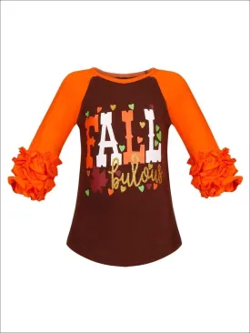 Girls "FALLbulous" Printed Long Ruffled Sleeve Raglan Top