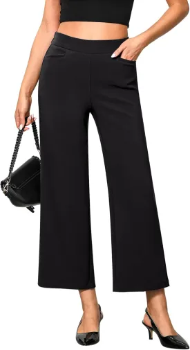 GRAPENT Cropped Pants for Women Trendy Business Casual High Waisted Pull On Wide Leg Stretchy Dress Pants with Pockets