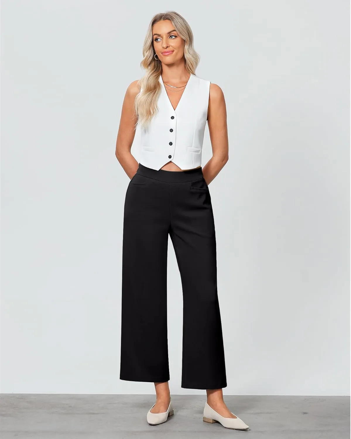 GRAPENT Cropped Pants for Women Trendy Business Casual High Waisted Pull On Wide Leg Stretchy Dress Pants with Pockets