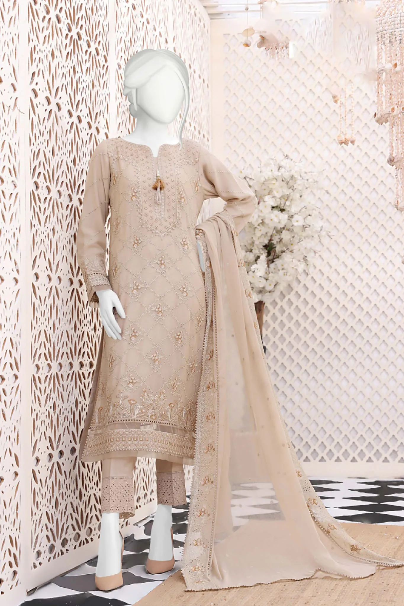 Hz Stitched 3 Piece Embroidered Chiffon Formals Vol-01 Collection'2023-HZK-128-C