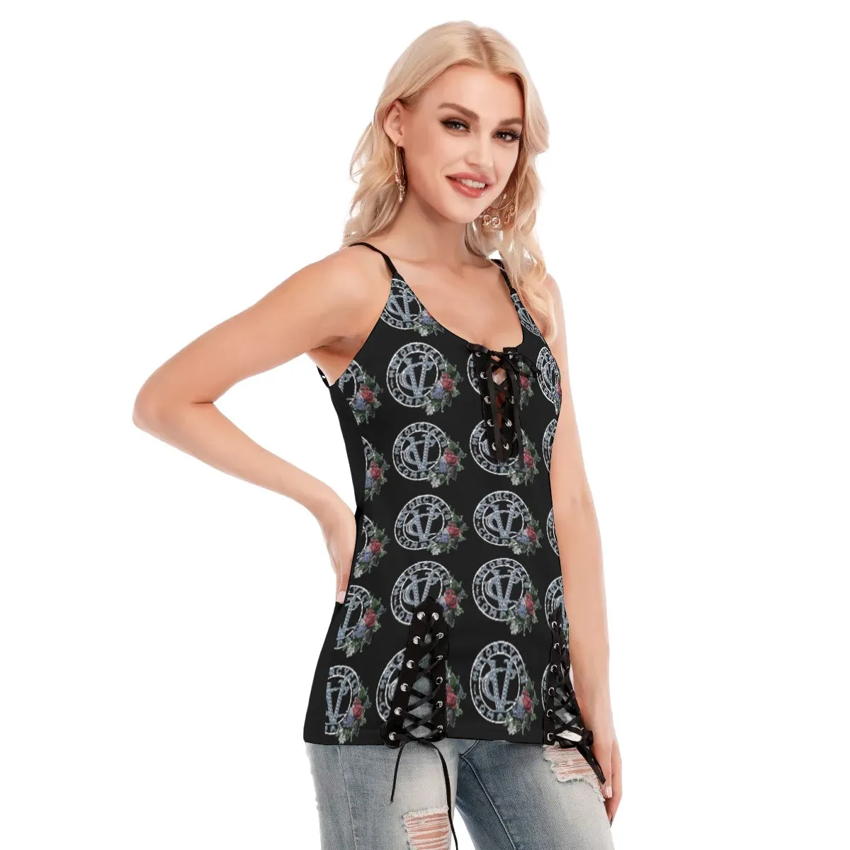 Ladies Biker Motorcycle Eyelet Lace-up Cami Shirt