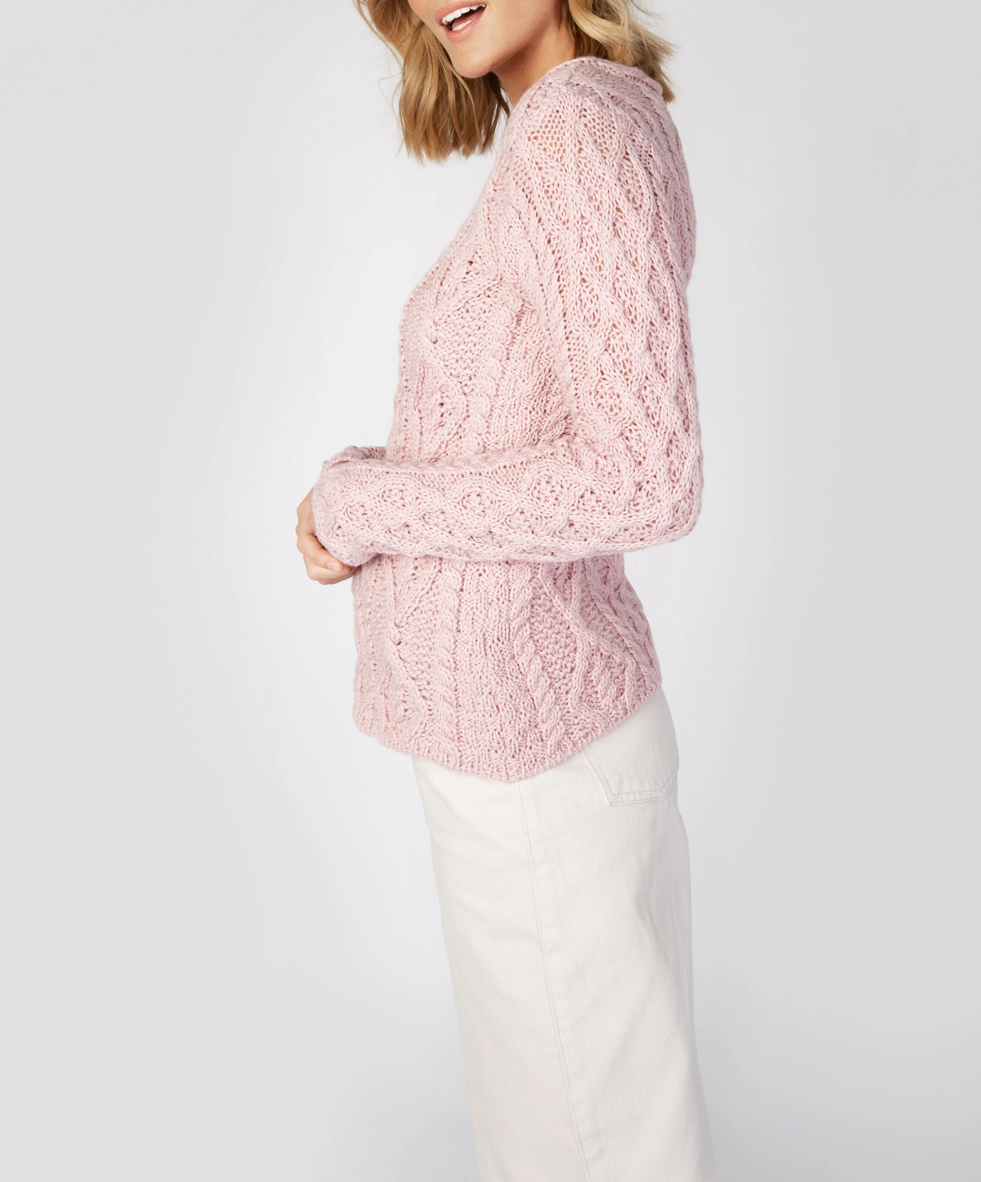Lambay Lattice Cable Aran Sweater Pale Pink