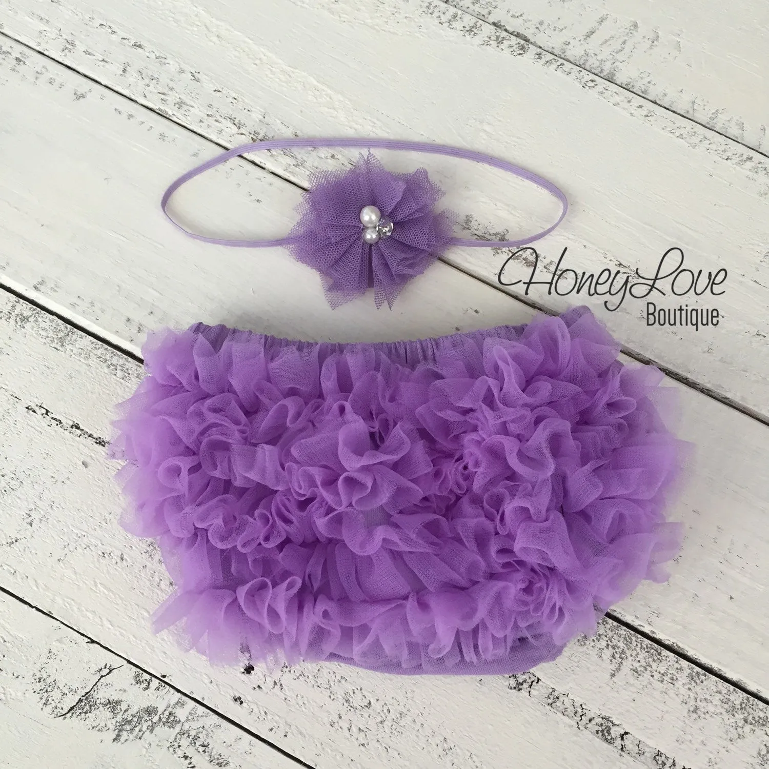 Lavender Purple ruffle bottom bloomer and tulle skinny headband