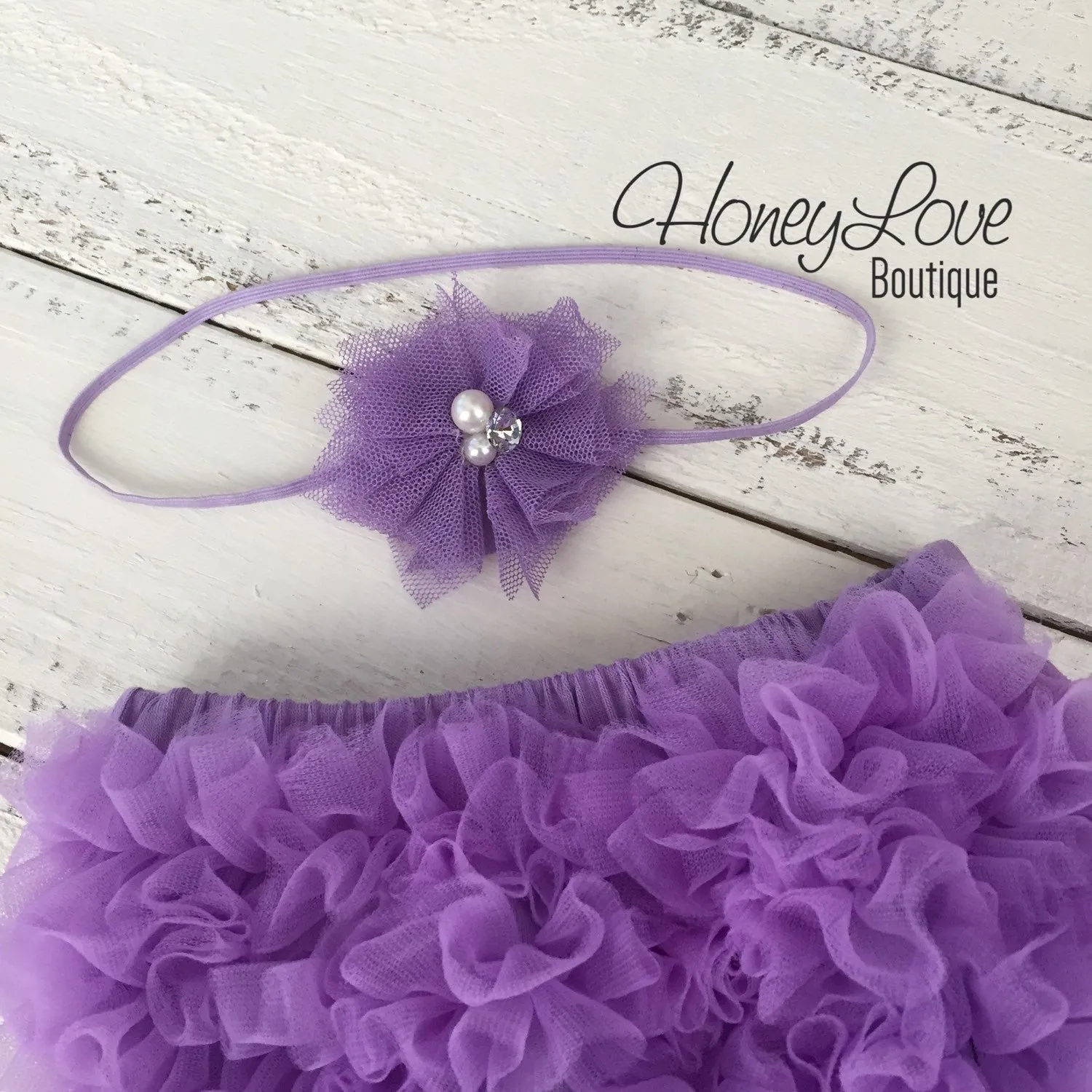 Lavender Purple ruffle bottom bloomer and tulle skinny headband