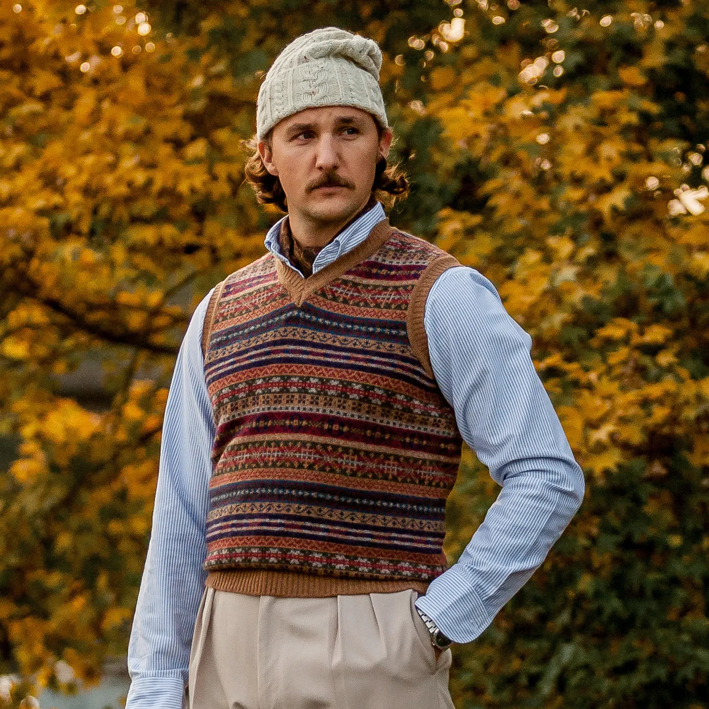 Light Brown Fair Isle V-Neck Lambswool Slipover
