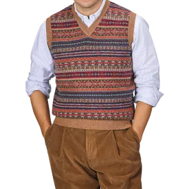 Light Brown Fair Isle V-Neck Lambswool Slipover