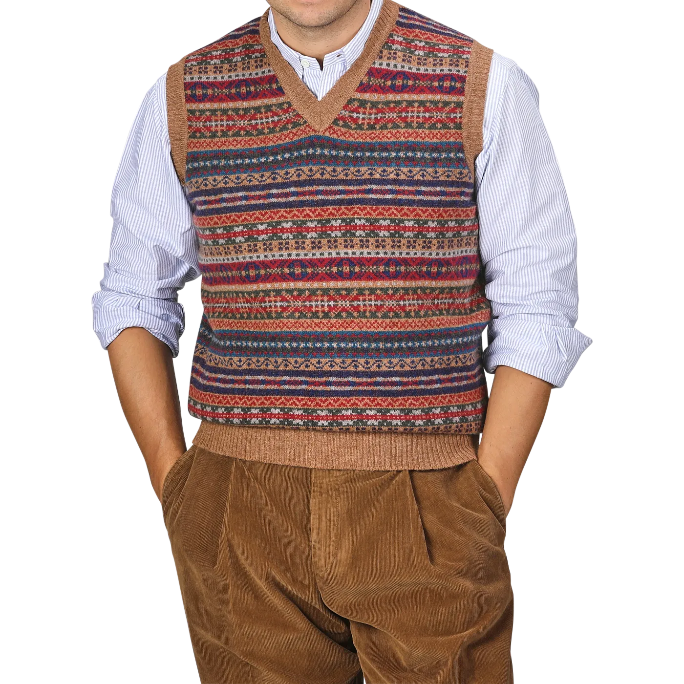Light Brown Fair Isle V-Neck Lambswool Slipover