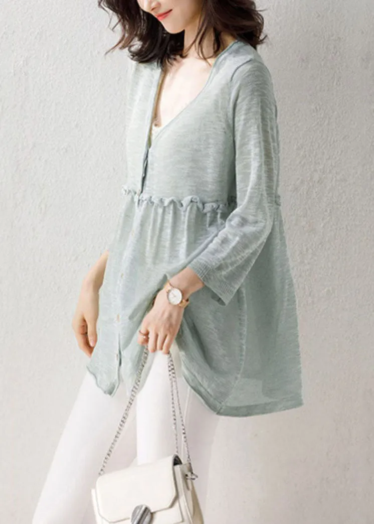 Light Green Patchwork Thin Knit Cardigan V Neck Ruffled Summer LY9195