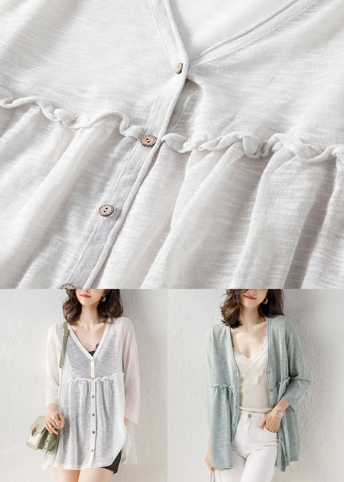 Light Green Patchwork Thin Knit Cardigan V Neck Ruffled Summer LY9195