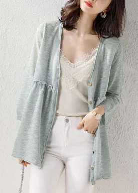 Light Green Patchwork Thin Knit Cardigan V Neck Ruffled Summer LY9195