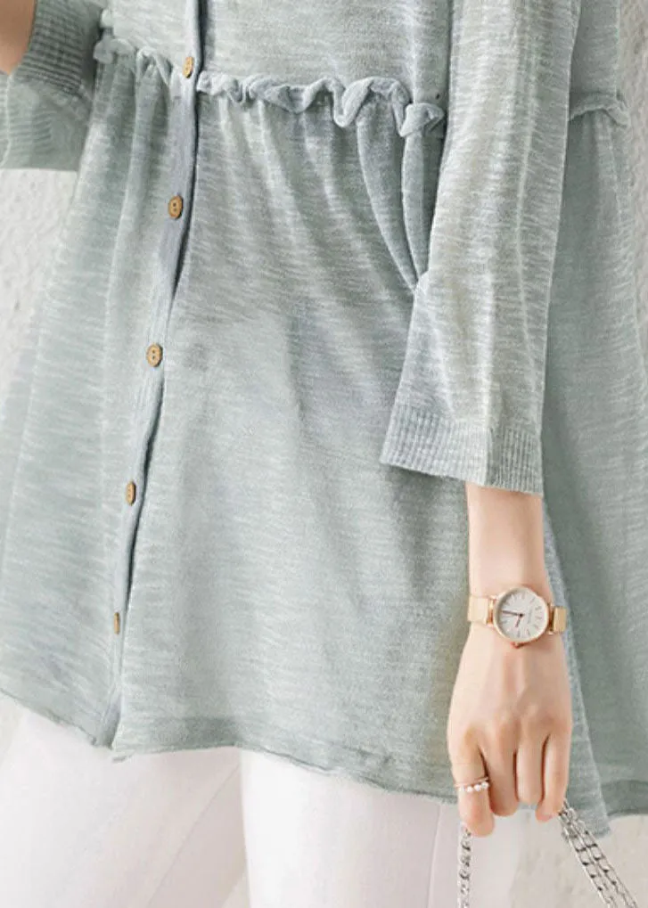 Light Green Patchwork Thin Knit Cardigan V Neck Ruffled Summer LY9195