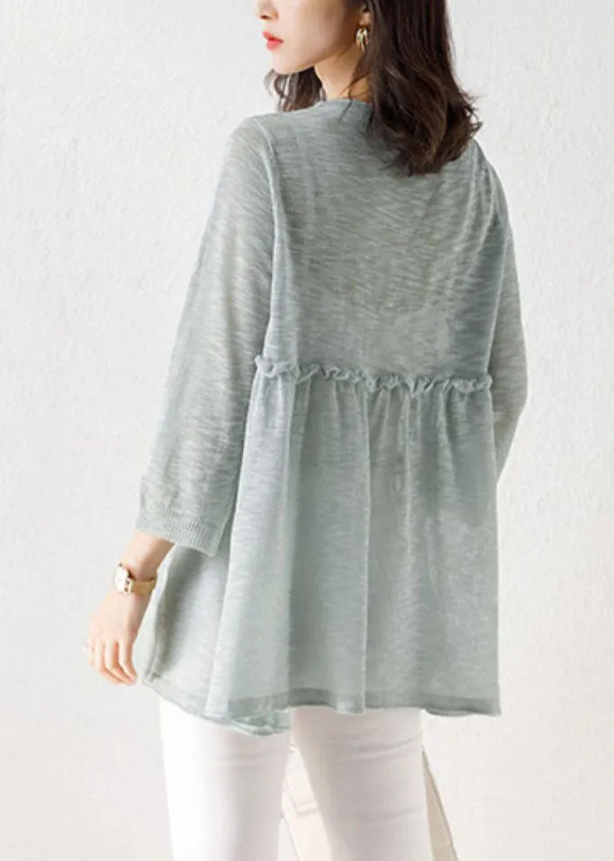 Light Green Patchwork Thin Knit Cardigan V Neck Ruffled Summer LY9195