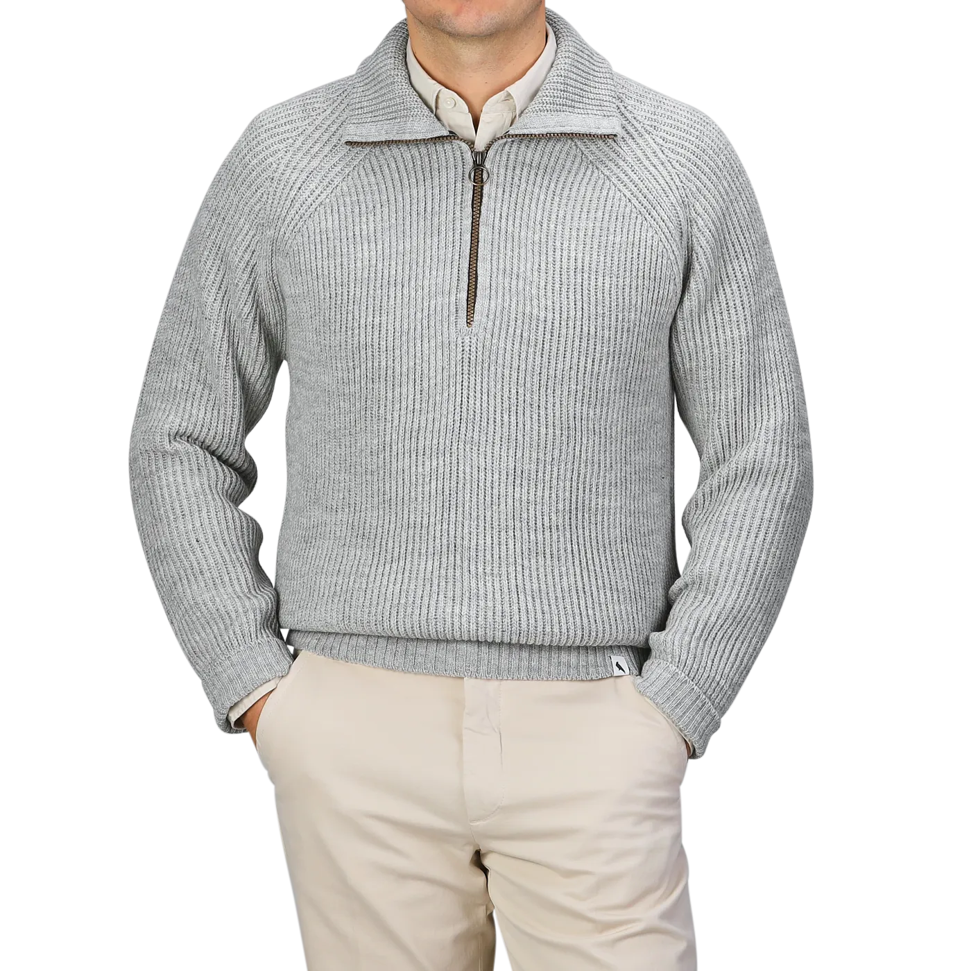 Light Grey Wool Ford Zip Neck Sweater