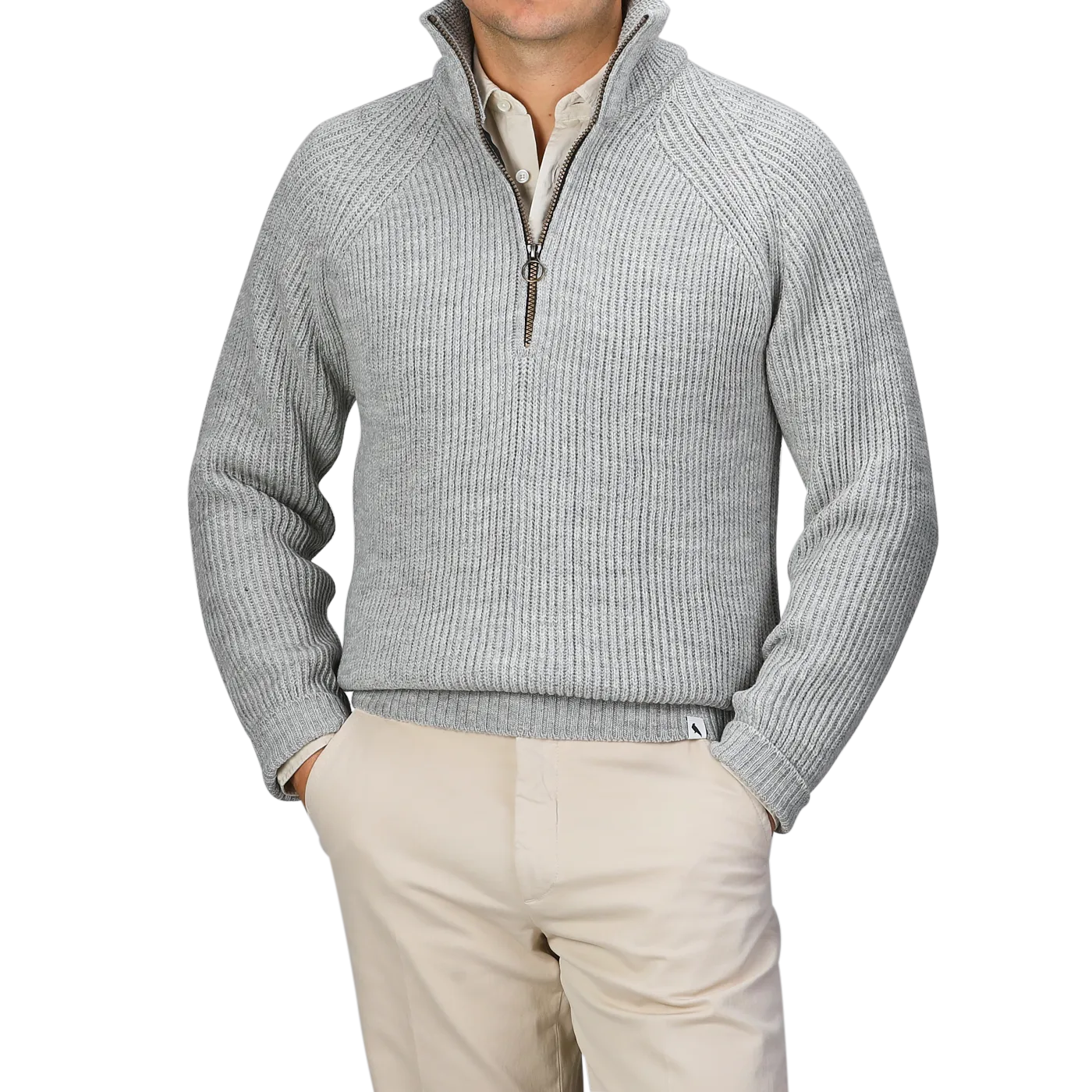 Light Grey Wool Ford Zip Neck Sweater