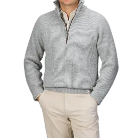 Light Grey Wool Ford Zip Neck Sweater