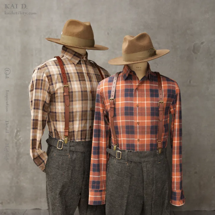 Linen Cotton Madras Denham shirt - Tan/Blue - S, M, L, XL, XXL