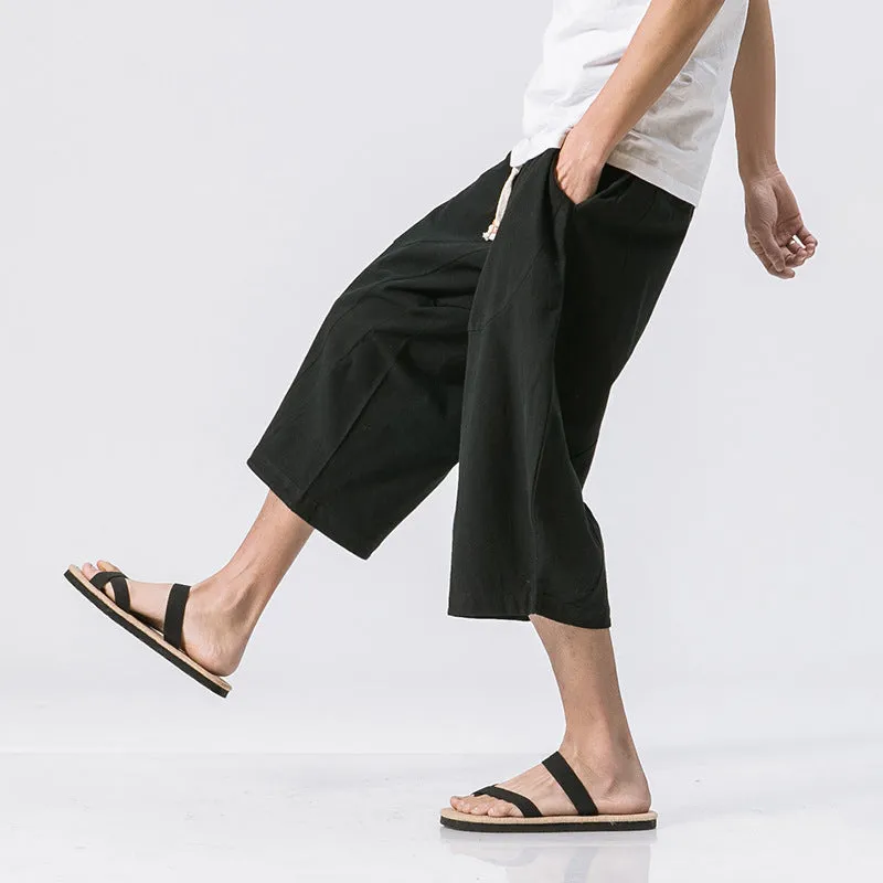 Loose harem pants linen pants lace-up solid color cotton and linen cropped pants
