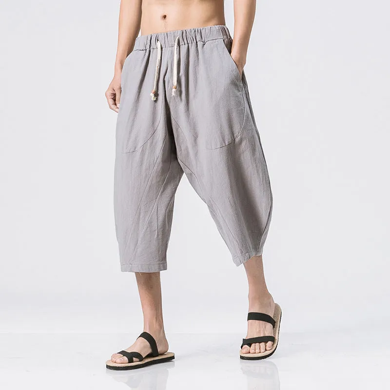 Loose harem pants linen pants lace-up solid color cotton and linen cropped pants