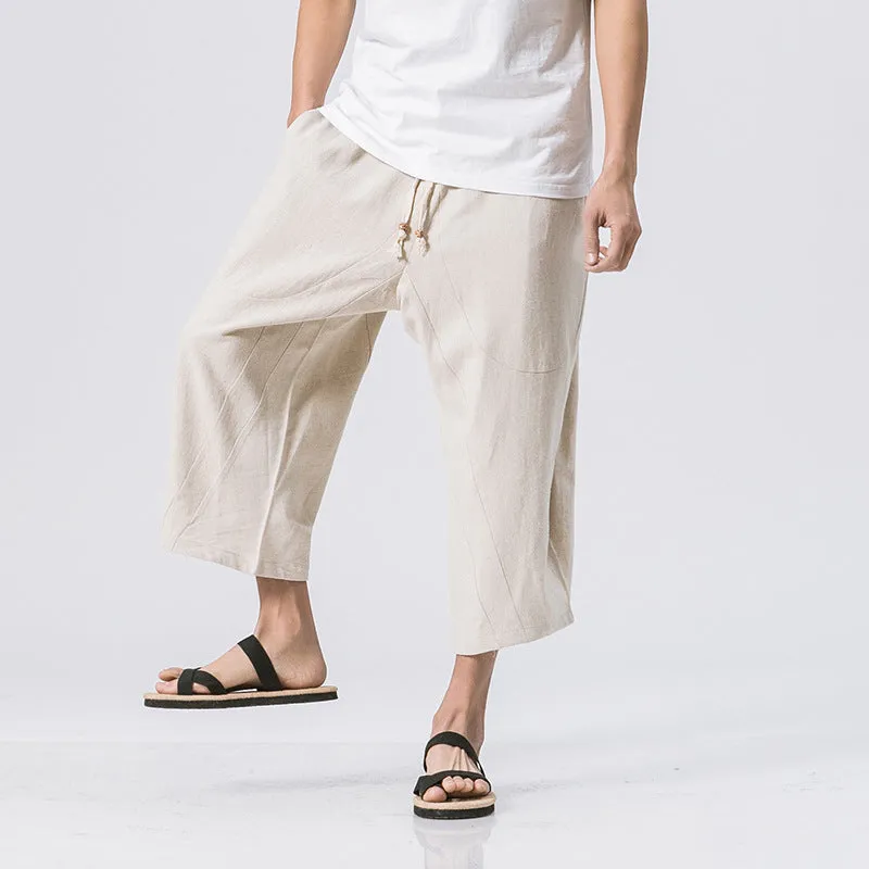 Loose harem pants linen pants lace-up solid color cotton and linen cropped pants