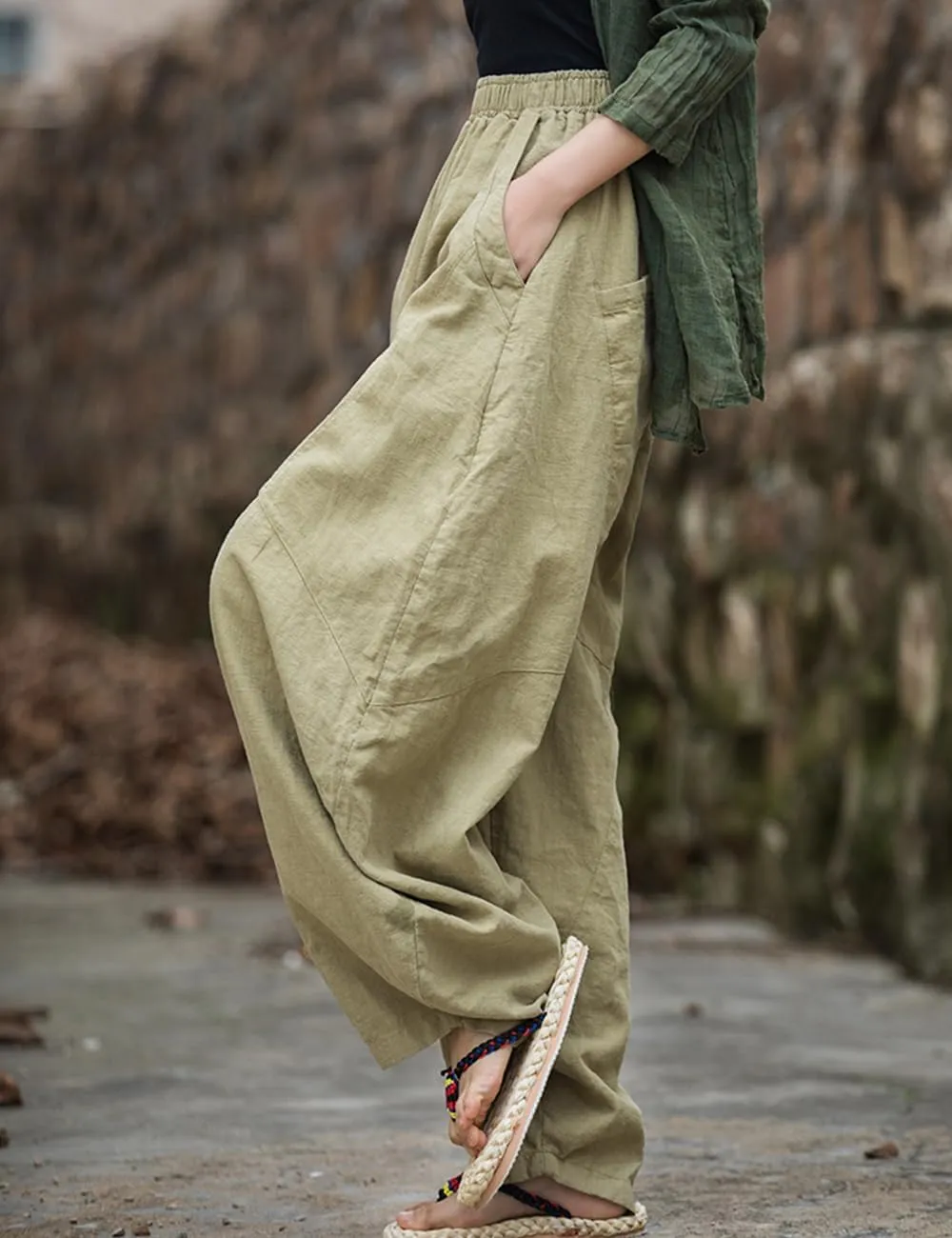 LUZU JUNU Women's Vintage Cotton Linen Baggy Pants Elastic Waist Wide Leg Lantern Casual Trousers Loose Fit