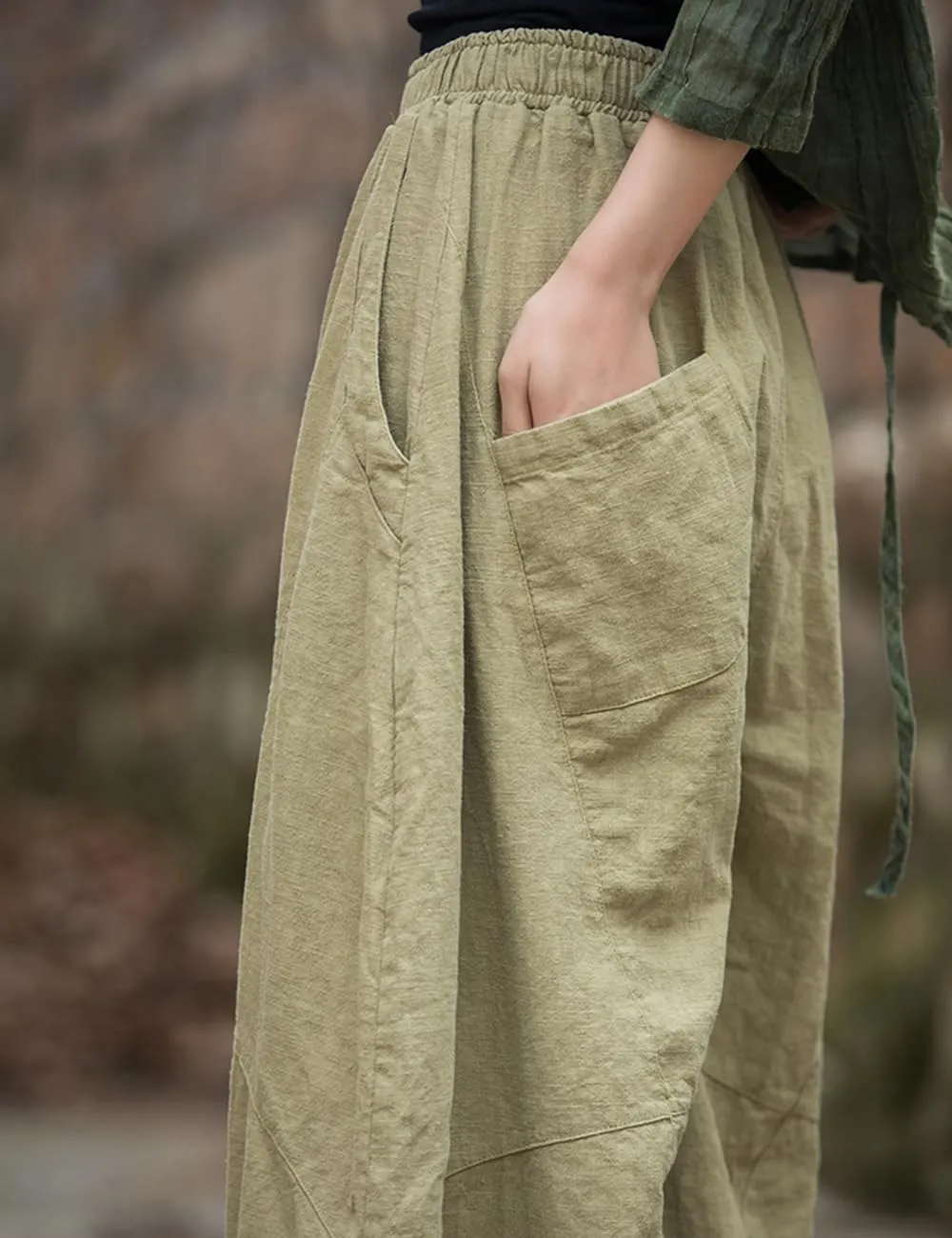 LUZU JUNU Women's Vintage Cotton Linen Baggy Pants Elastic Waist Wide Leg Lantern Casual Trousers Loose Fit