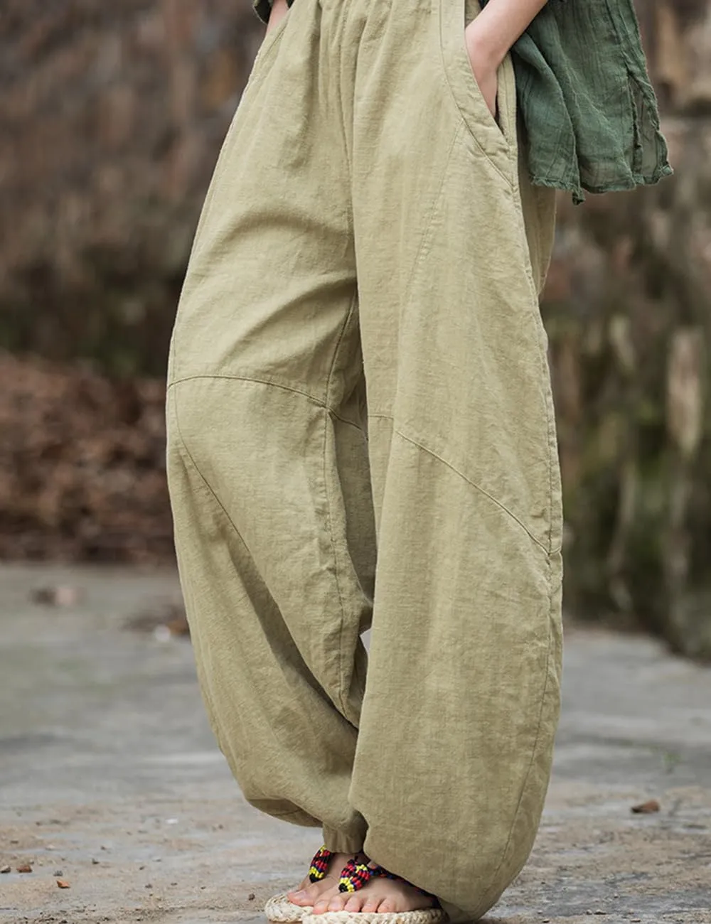LUZU JUNU Women's Vintage Cotton Linen Baggy Pants Elastic Waist Wide Leg Lantern Casual Trousers Loose Fit