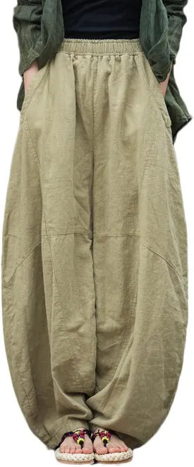 LUZU JUNU Women's Vintage Cotton Linen Baggy Pants Elastic Waist Wide Leg Lantern Casual Trousers Loose Fit