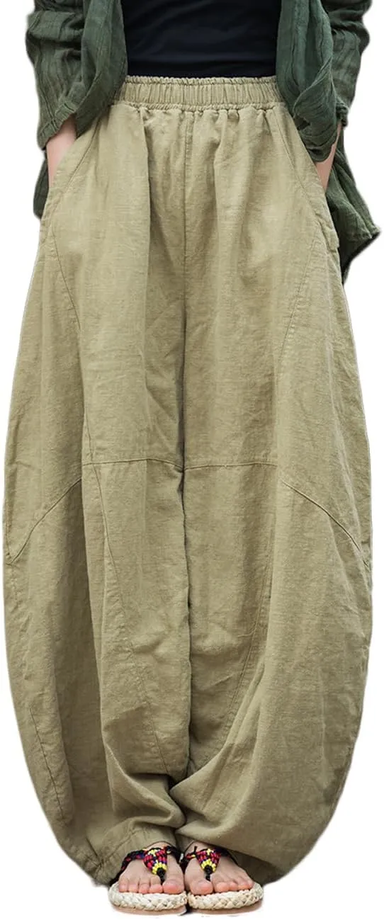 LUZU JUNU Women's Vintage Cotton Linen Baggy Pants Elastic Waist Wide Leg Lantern Casual Trousers Loose Fit