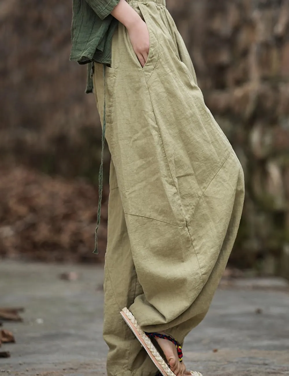 LUZU JUNU Women's Vintage Cotton Linen Baggy Pants Elastic Waist Wide Leg Lantern Casual Trousers Loose Fit