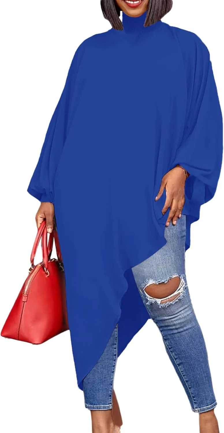 LYANER Women's Mock Neck Asymmetrical High Low Balloon Long Sleeve Long Shirt Blouse Tunic Top