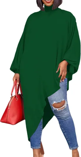 LYANER Women's Mock Neck Asymmetrical High Low Balloon Long Sleeve Long Shirt Blouse Tunic Top