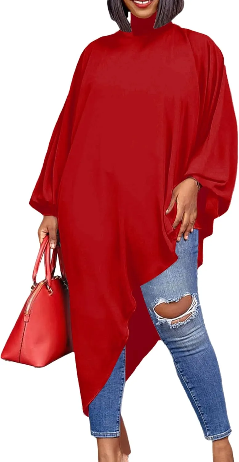 LYANER Women's Mock Neck Asymmetrical High Low Balloon Long Sleeve Long Shirt Blouse Tunic Top