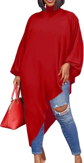 LYANER Women's Mock Neck Asymmetrical High Low Balloon Long Sleeve Long Shirt Blouse Tunic Top