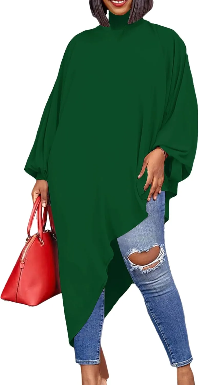 LYANER Women's Mock Neck Asymmetrical High Low Balloon Long Sleeve Long Shirt Blouse Tunic Top
