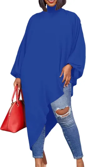 LYANER Women's Mock Neck Asymmetrical High Low Balloon Long Sleeve Long Shirt Blouse Tunic Top