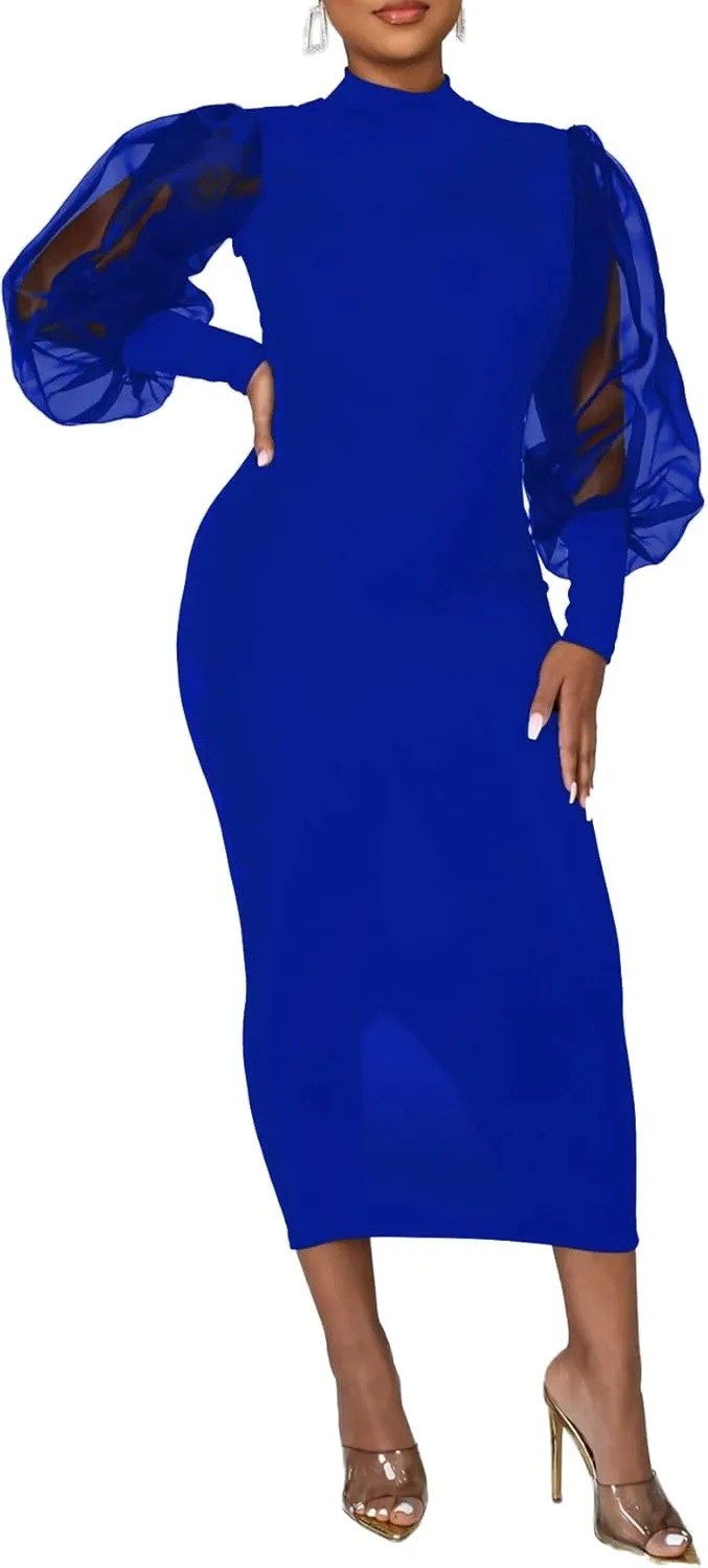 LYANER Women's Mock Neck Mesh Long Sleeve Zipper Bodycon Maxi Long Dress