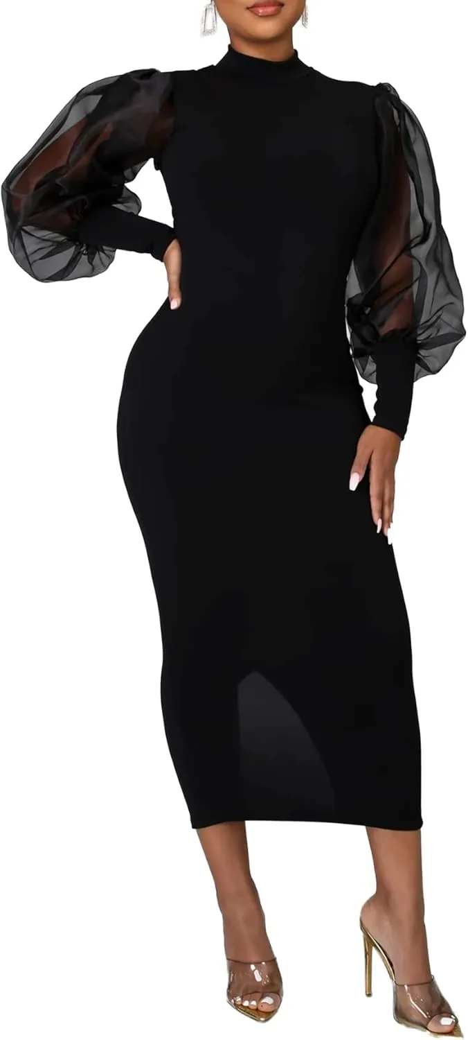 LYANER Women's Mock Neck Mesh Long Sleeve Zipper Bodycon Maxi Long Dress