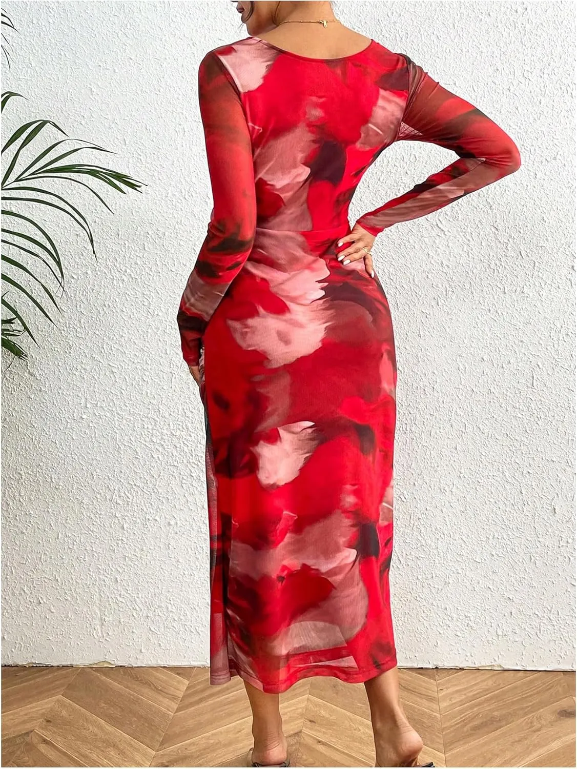 MakeMeChic Women's Elegant Tie Dye Mesh Ruched Long Sleeve Round Neck Bodycon Midi Long Dresses