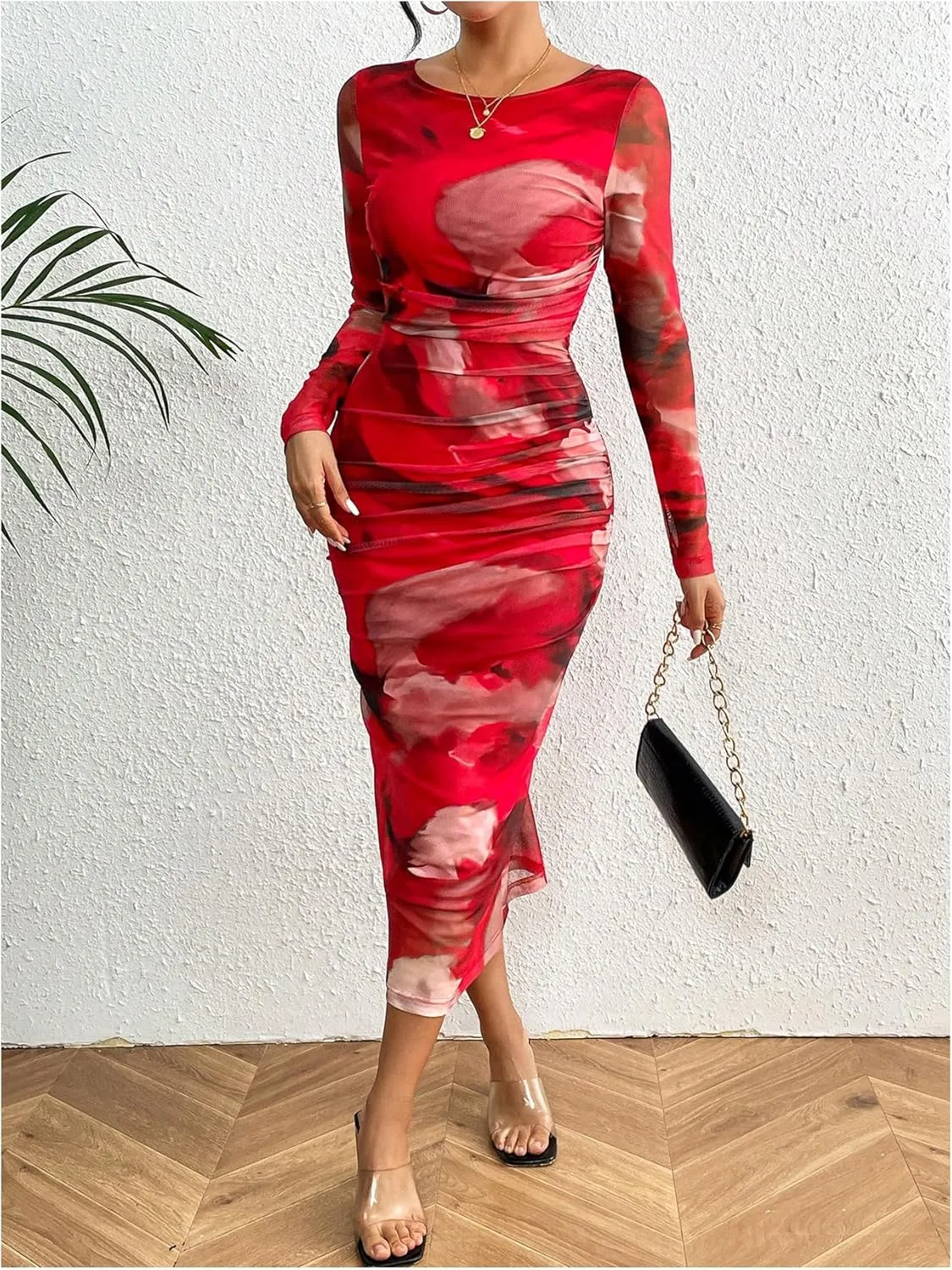 MakeMeChic Women's Elegant Tie Dye Mesh Ruched Long Sleeve Round Neck Bodycon Midi Long Dresses