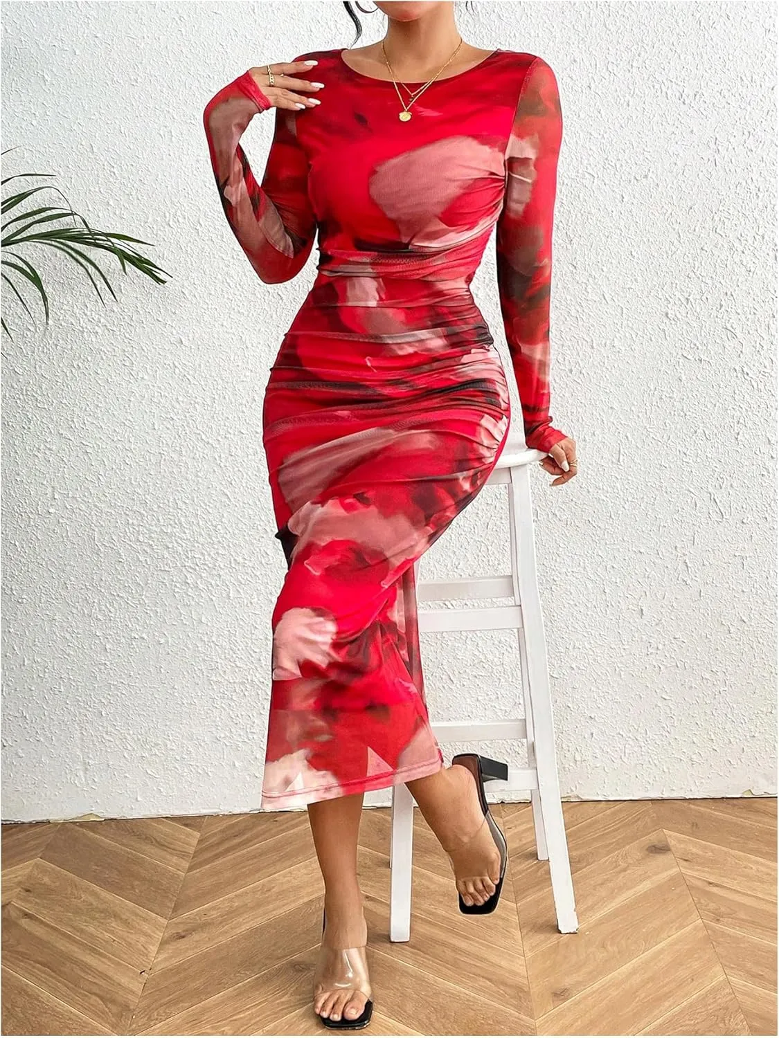 MakeMeChic Women's Elegant Tie Dye Mesh Ruched Long Sleeve Round Neck Bodycon Midi Long Dresses