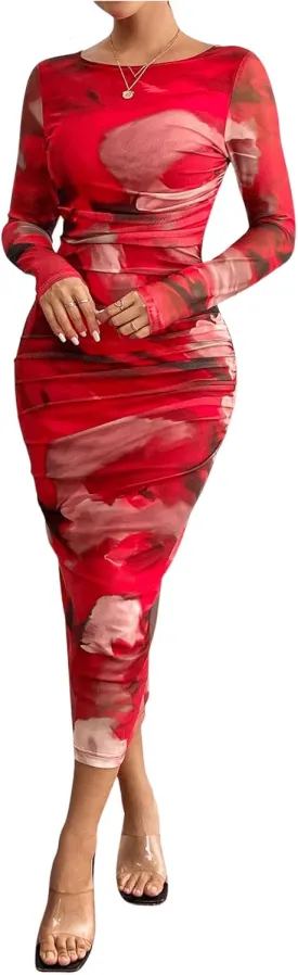 MakeMeChic Women's Elegant Tie Dye Mesh Ruched Long Sleeve Round Neck Bodycon Midi Long Dresses