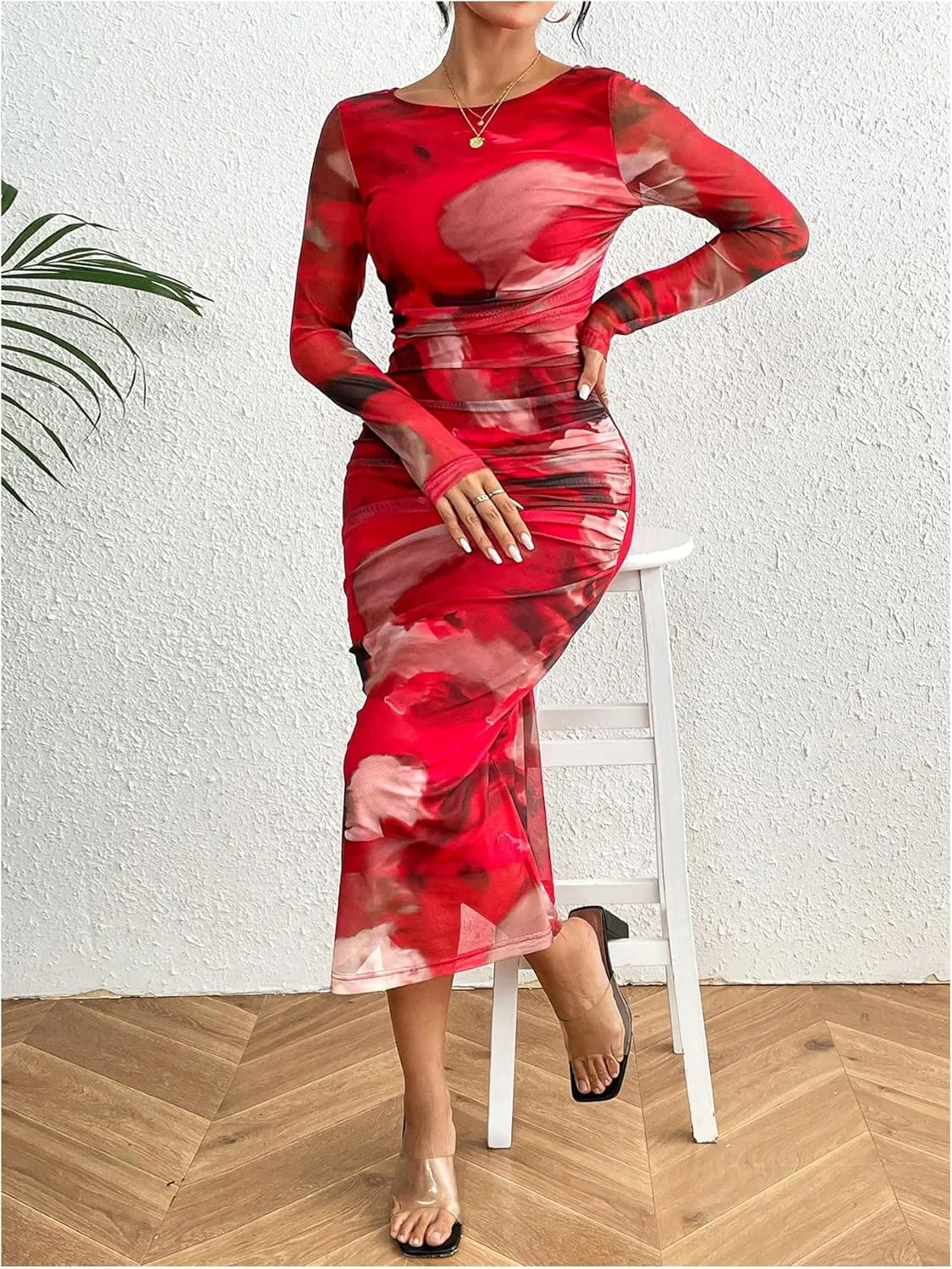 MakeMeChic Women's Elegant Tie Dye Mesh Ruched Long Sleeve Round Neck Bodycon Midi Long Dresses