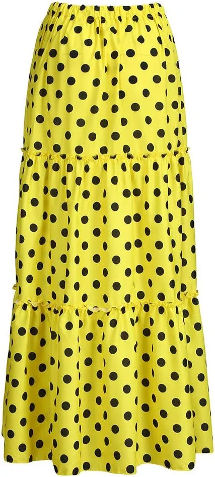Maxi Shirt for Women 2025 Vintage Pleated Tiered High Waist Long Skirt Fashion Polka Dot Printed Ruffled Loose Skirts