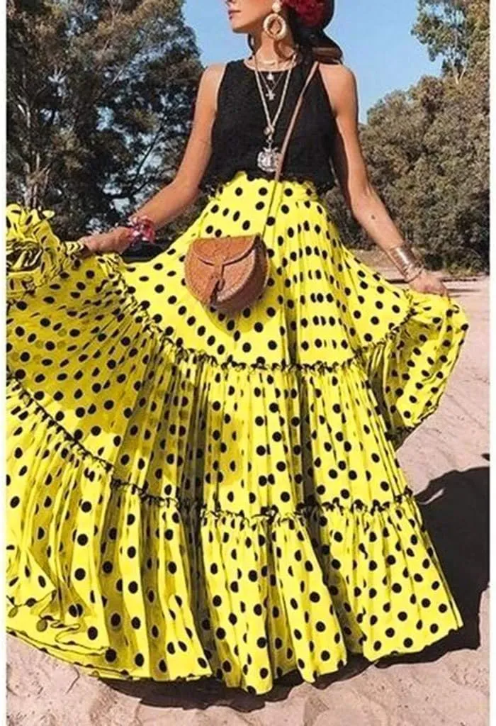 Maxi Shirt for Women 2025 Vintage Pleated Tiered High Waist Long Skirt Fashion Polka Dot Printed Ruffled Loose Skirts