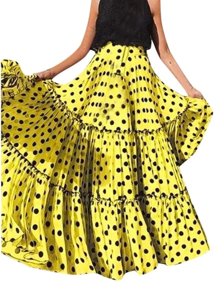 Maxi Shirt for Women 2025 Vintage Pleated Tiered High Waist Long Skirt Fashion Polka Dot Printed Ruffled Loose Skirts
