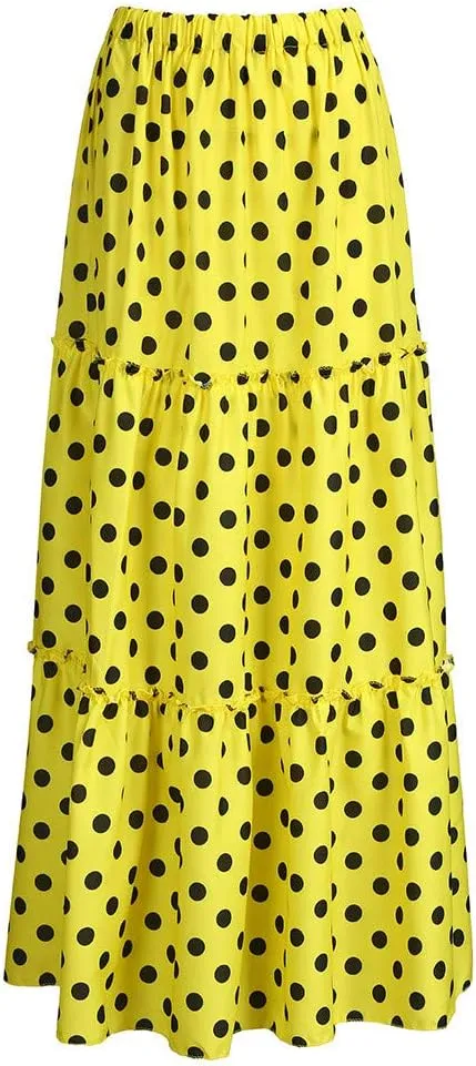 Maxi Shirt for Women 2025 Vintage Pleated Tiered High Waist Long Skirt Fashion Polka Dot Printed Ruffled Loose Skirts